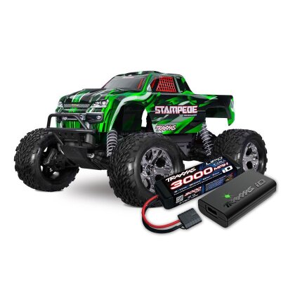 TRAXXAS Stampede 1/10 2WD Monster-Truck grün RTR nP825 BL-2S Brushless, HD mit 2827X Akku + 2920 Lader