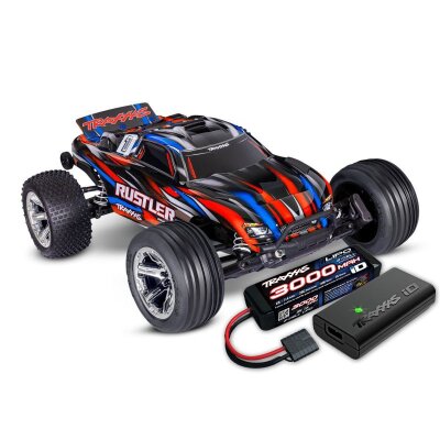 TRAXXAS Rustler 1/10 2WD Stadium-Truck rot RTR nP825 BL-2S Brushless, HD mit 2827X Akku + 2920 Lader
