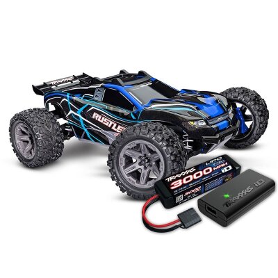 TRAXXAS Rustler 4x4 BL-2S blau 1/10 Stadium-Truck RTR nP825 BL-2S Brushless, HD-Teile mit 2827X Akku + 2920 Lader