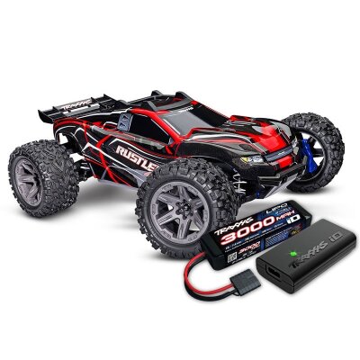 TRAXXAS Rustler 4x4 BL-2S rot 1/10 Stadium-Truck RTR nP825 BL-2S Brushless, HD-Teile mit 2827X Akku + 2920 Lader