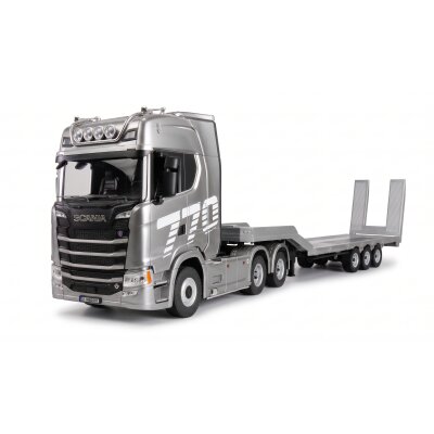 Scania 770 S Zugmaschine + Tieflader-Sattelauflieger 6x4 1:18 RTR silber