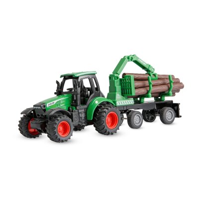 Traktor aus Metall mit Rückeanhänger + Ladekran 1:64 RTR grün